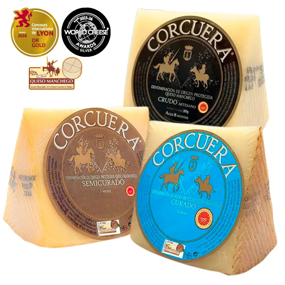 Manchego D.O.P. Curado und Ibérico Curado von Quesos Corcuera, preisgekrönt bei World Cheese Awards und Concours de Lyon, La Tradición