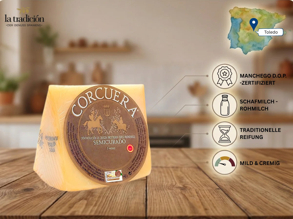 Manchego Semicurado D.O.P. von Corcuera aus Toledo – Schafmilch-Rohmilch, traditionelle Reifung, mild und cremig, 3 Monate gereift – La Tradición