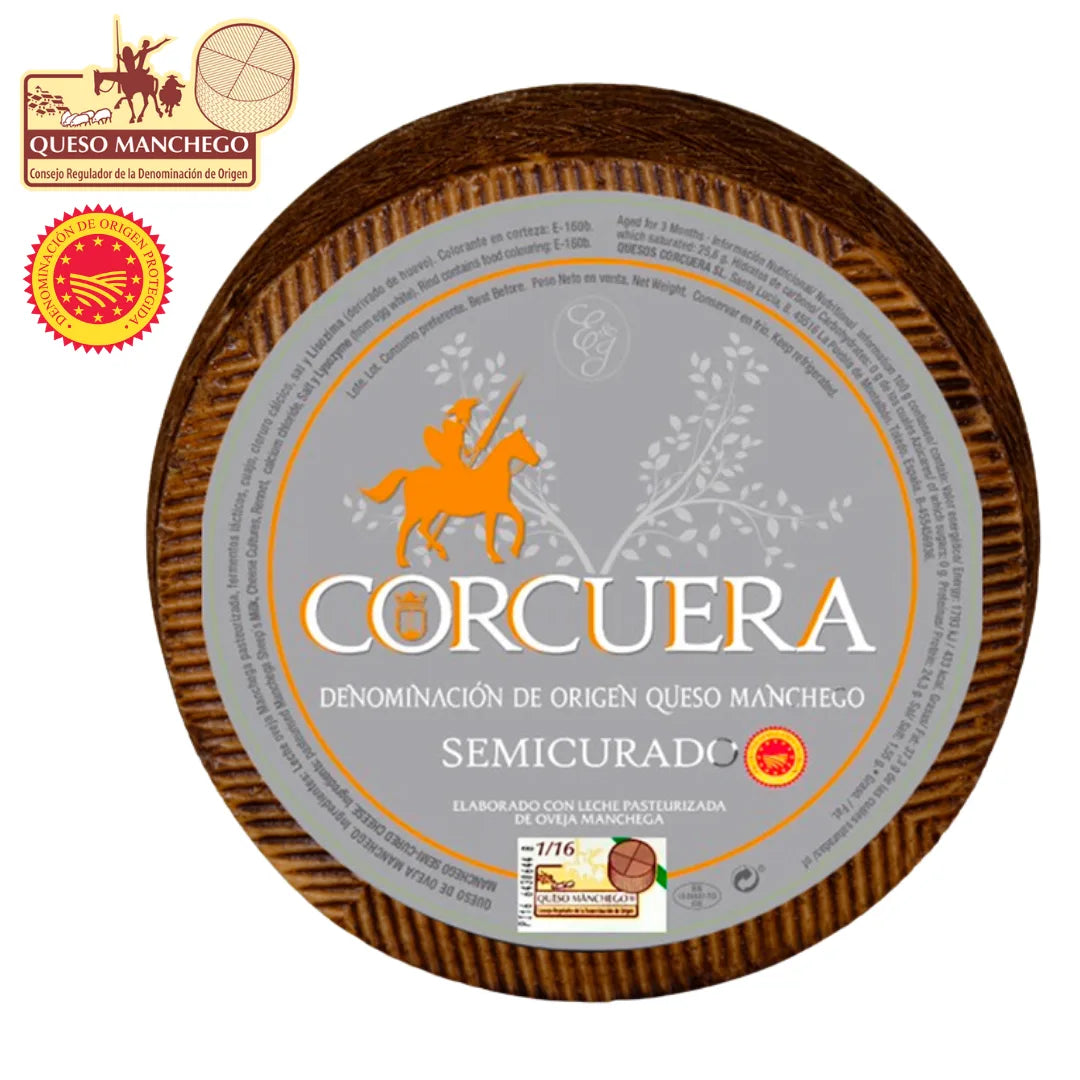 Manchego Semicurado D.O.P. von Quesos Corcuera, ganzer Laib 1 kg, aus pasteurisierter Schafsmilch – La Tradición