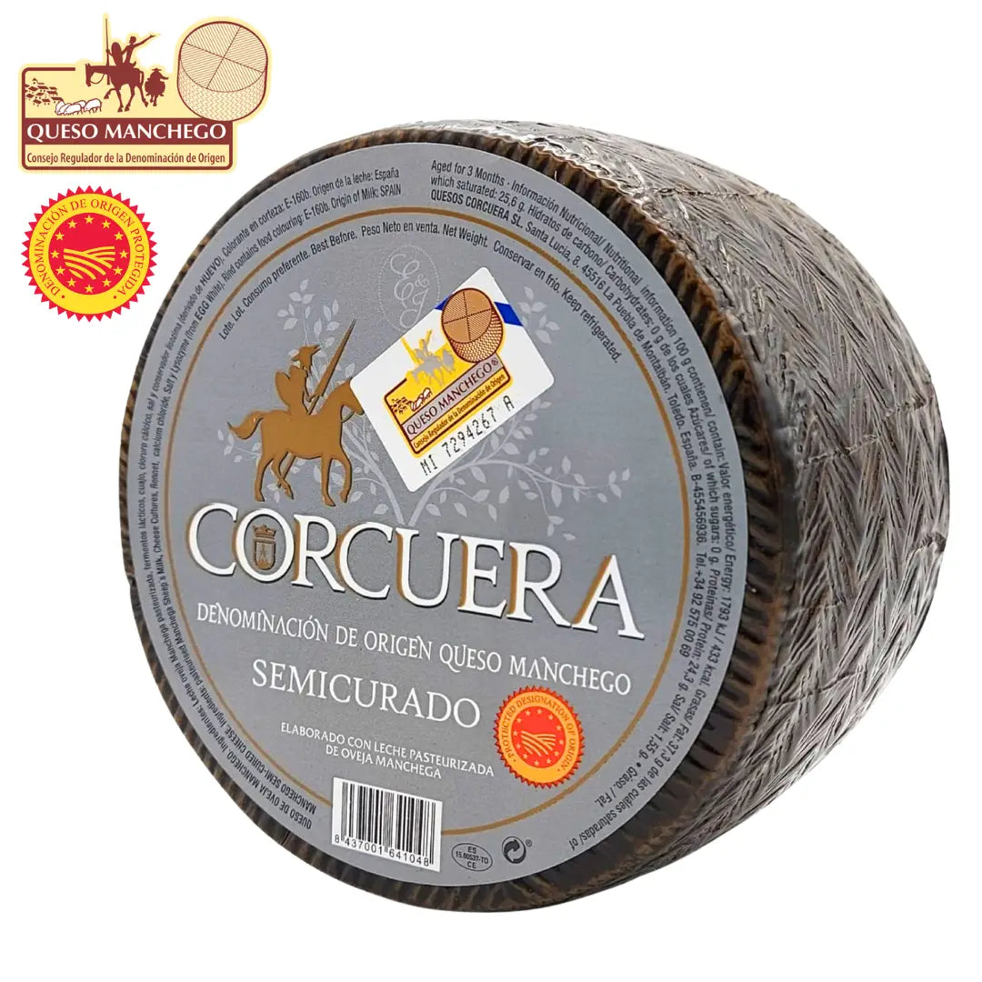 Manchego Semicurado D.O.P. von Quesos Corcuera, ganzer Laib, 3 Monate gereift, aus pasteurisierter Schafsmilch – La Tradición