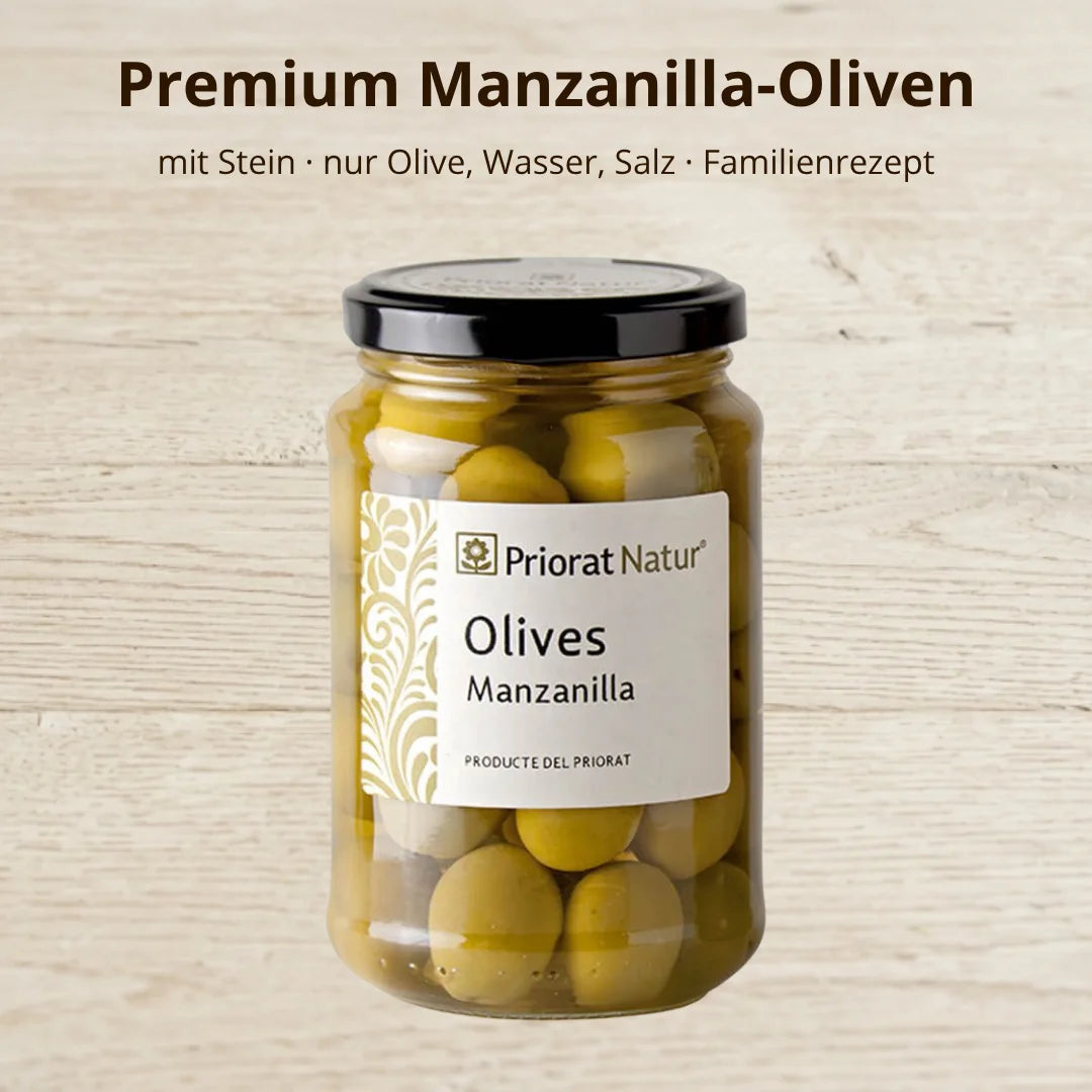 Premium Manzanilla-Oliven mit Stein von Priorat Natur im Glas – nur Olive, Wasser, Salz und Kräuter nach Familienrezept, produziert im Priorat, Katalonien – La Tradición