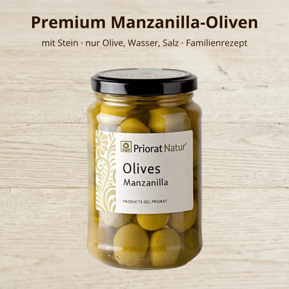 Premium Manzanilla-Oliven mit Stein von Priorat Natur im Glas – nur Olive, Wasser, Salz und Kräuter nach Familienrezept, produziert im Priorat, Katalonien – La Tradición