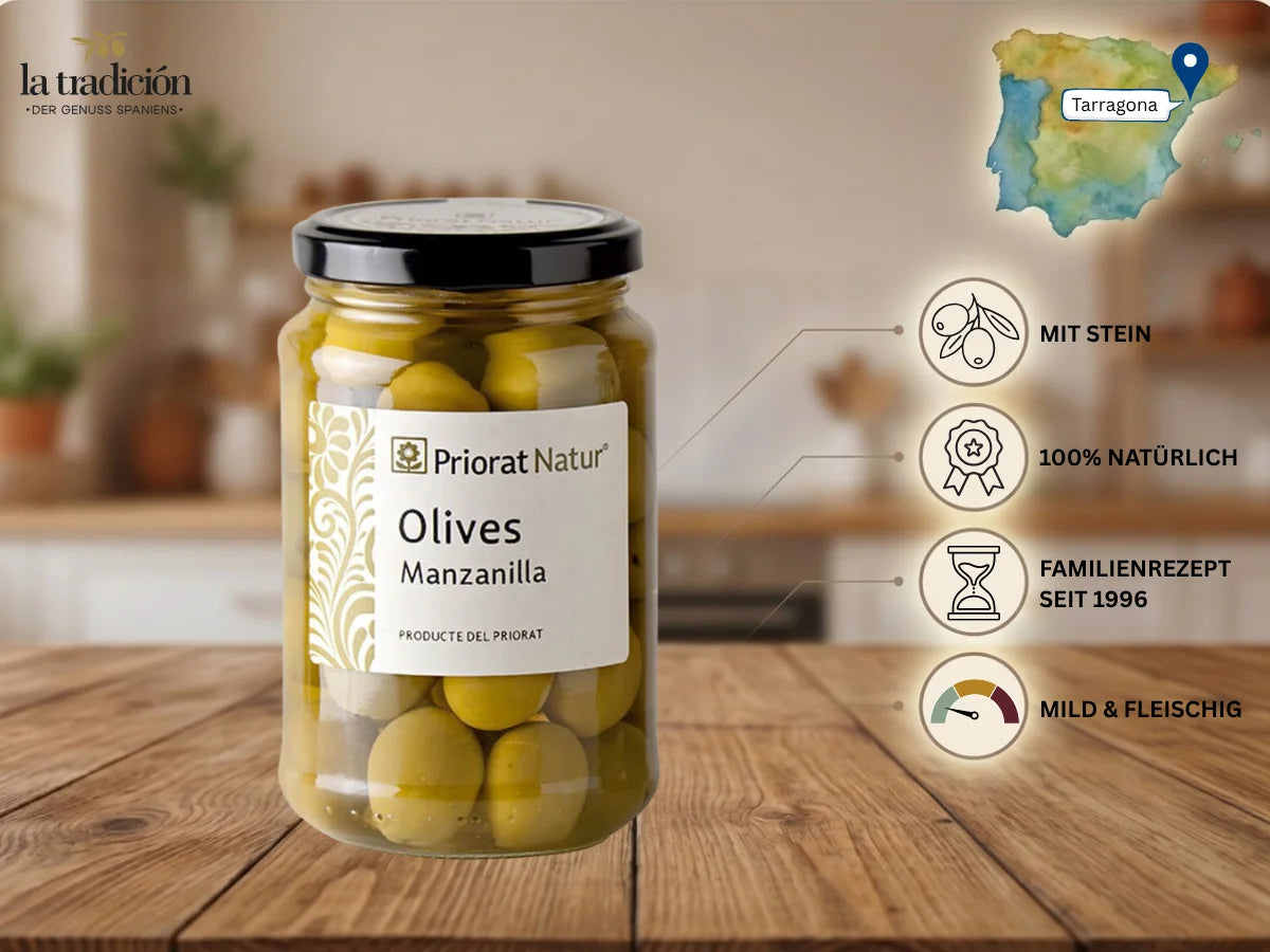 Manzanilla-Oliven mit Stein von Priorat Natur aus Tarragona – 100% natürlich, mild-fleischig, nach Familienrezept seit 1996 – La Tradición