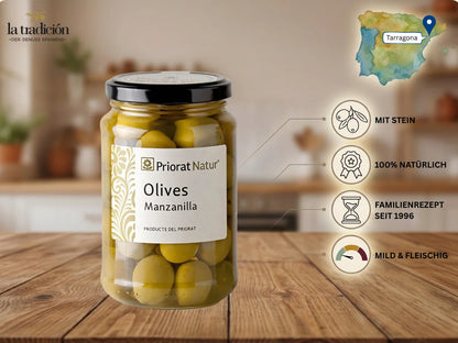 Manzanilla-Oliven mit Stein von Priorat Natur aus Tarragona – 100% natürlich, mild-fleischig, nach Familienrezept seit 1996 – La Tradición