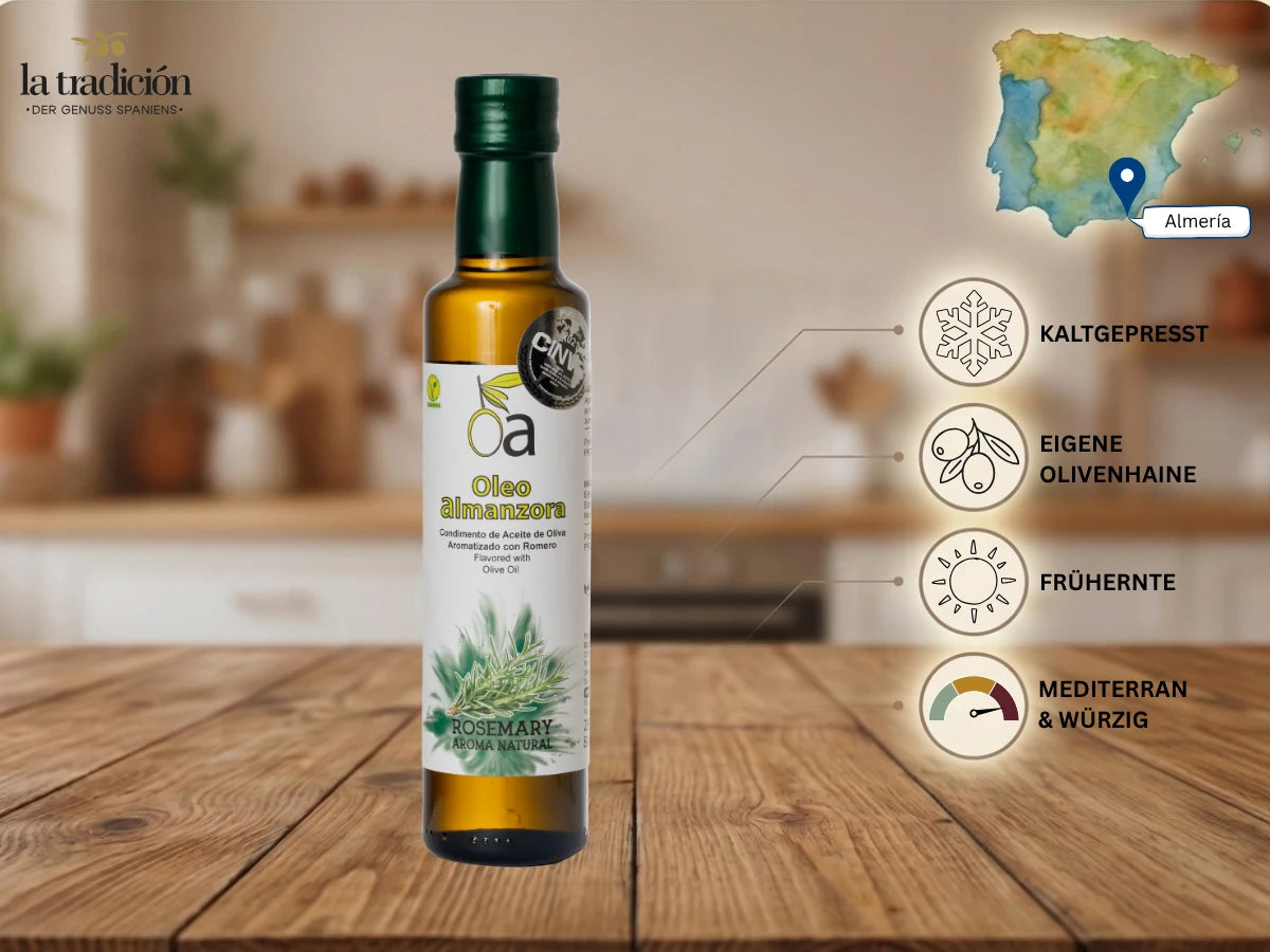 Oleo Almanzora Olivenöl mit Rosmarin aus Almería – kaltgepresst, eigene Olivenhaine, Frühernte, mediterran-würzig – La Tradición