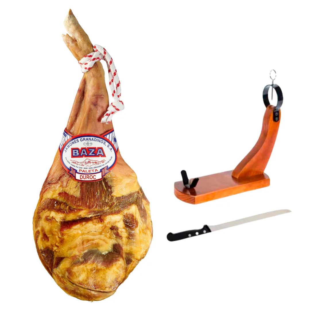 Paleta Duroc Reserva von Jamones Granadinos Baza, 12 Monate gereift, im Set mit Holz-Jamonero und Spezialmesser