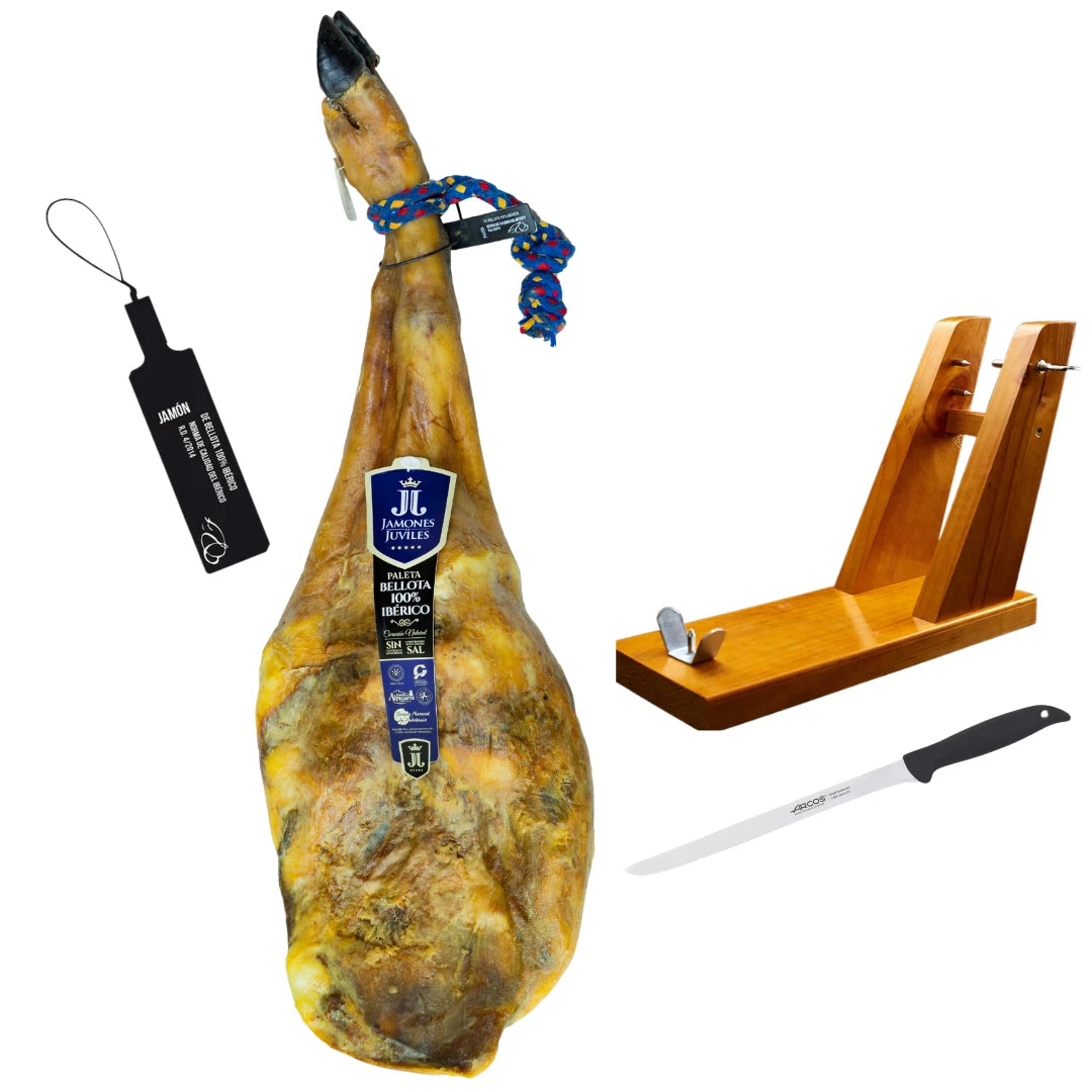 Paleta Ibérica Pata Negra von Jamones Juviles, schwarze Brida, im Set mit Holz-Jamonero und Arcos Messer