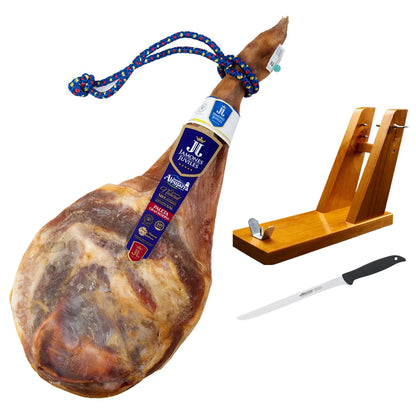 Paleta Serrana Gran Reserva von Jamones Juviles, Alpujarra, im Set mit Holz-Jamonero und Arcos Messer