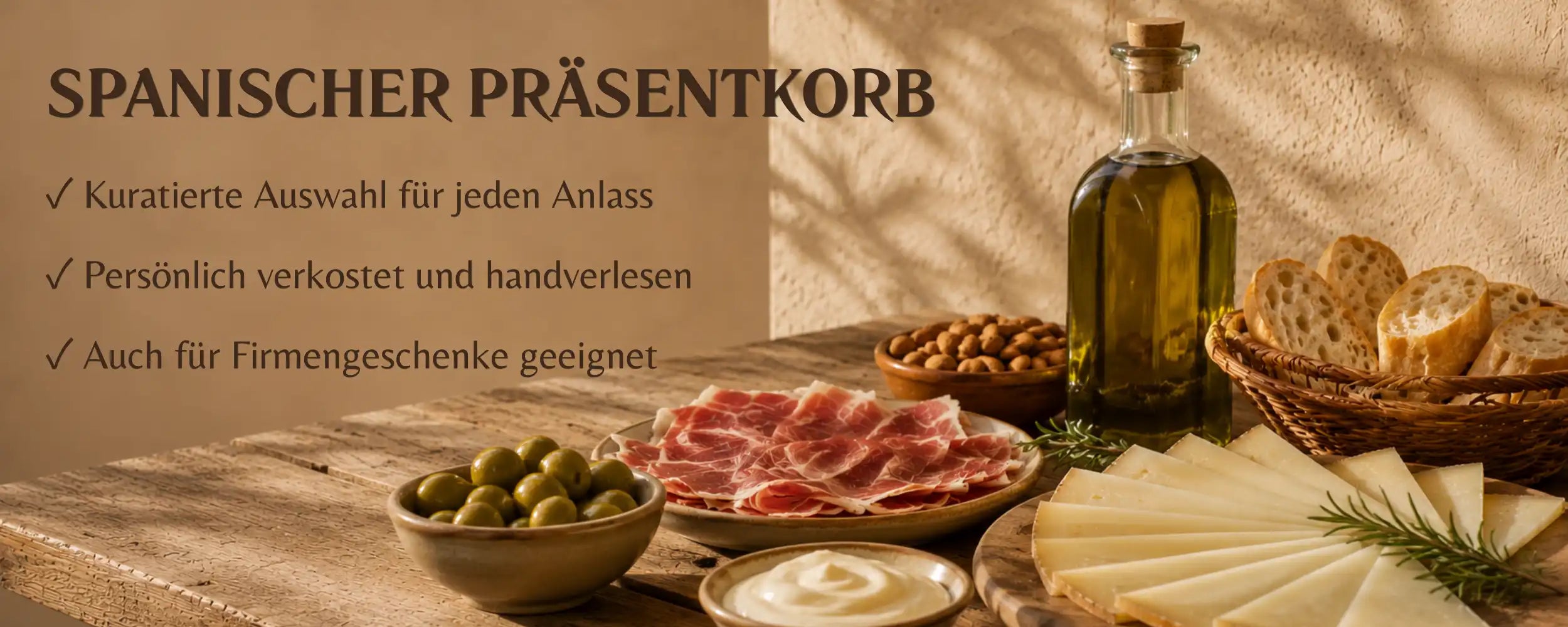 Spanischer Präsentkorb mit Schinken, Manchego Käse, Olivenöl und Oliven, La Tradición