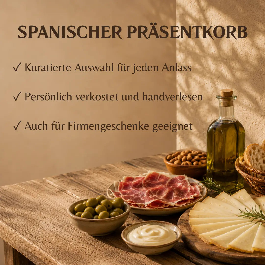 Spanischer Präsentkorb mit Schinken, Manchego Käse, Olivenöl und Oliven, La Tradición