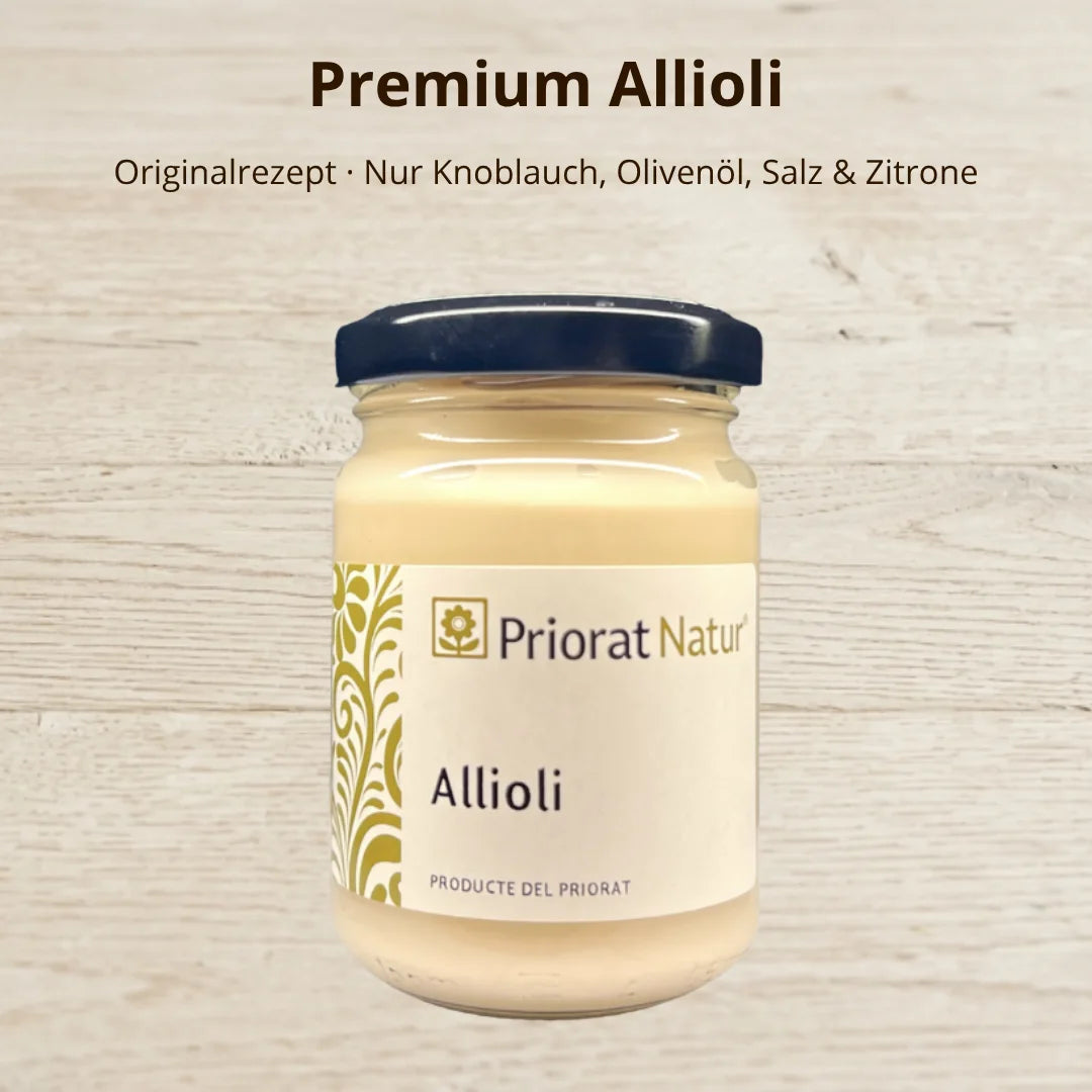 Premium Allioli von Priorat Natur nach katalanischem Originalrezept – nur Knoblauch, Olivenöl, Salz und Zitrone, ohne Ei – La Tradición