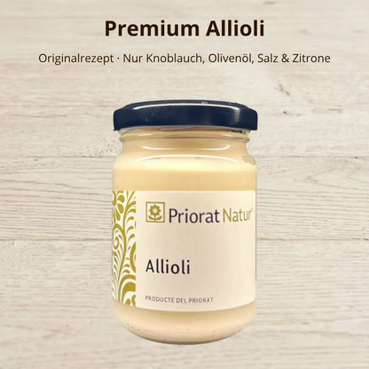 Premium Allioli von Priorat Natur nach katalanischem Originalrezept – nur Knoblauch, Olivenöl, Salz und Zitrone, ohne Ei – La Tradición