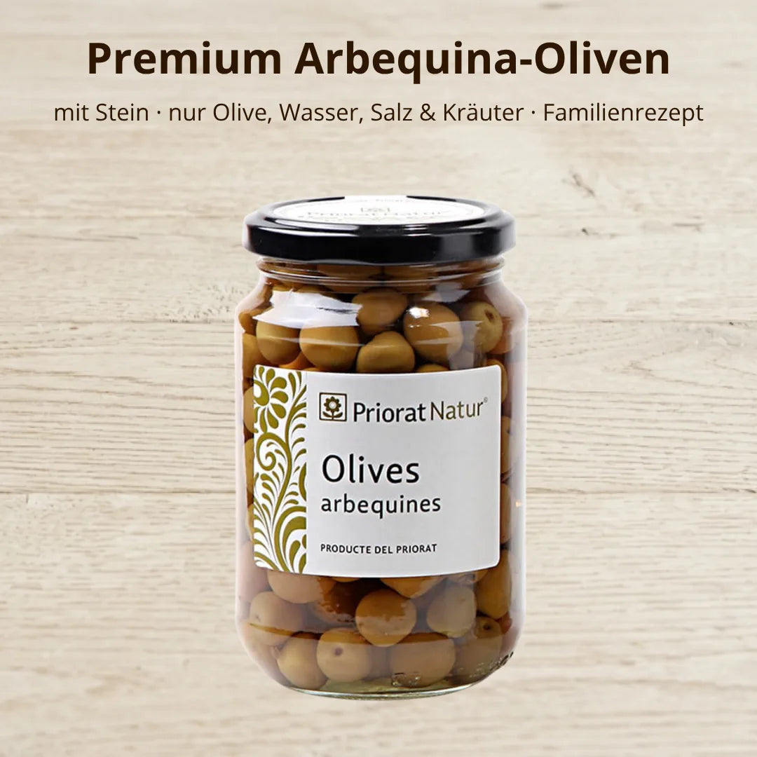 Premium Arbequina-Oliven mit Stein von Priorat Natur – nur Olive, Wasser, Salz und Kräuter, nach Familienrezept – La Tradición
