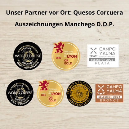 Auszeichnungen von Quesos Corcuera für Manchego D.O.P.: World Cheese Awards, Concours International de Lyon Gold und Campo Yalma Selección