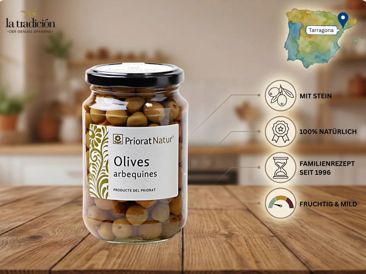 Arbequina-Oliven mit Stein von Priorat Natur aus Tarragona – 100% natürlich, Familienrezept seit 1996, fruchtig und mild – La Tradición