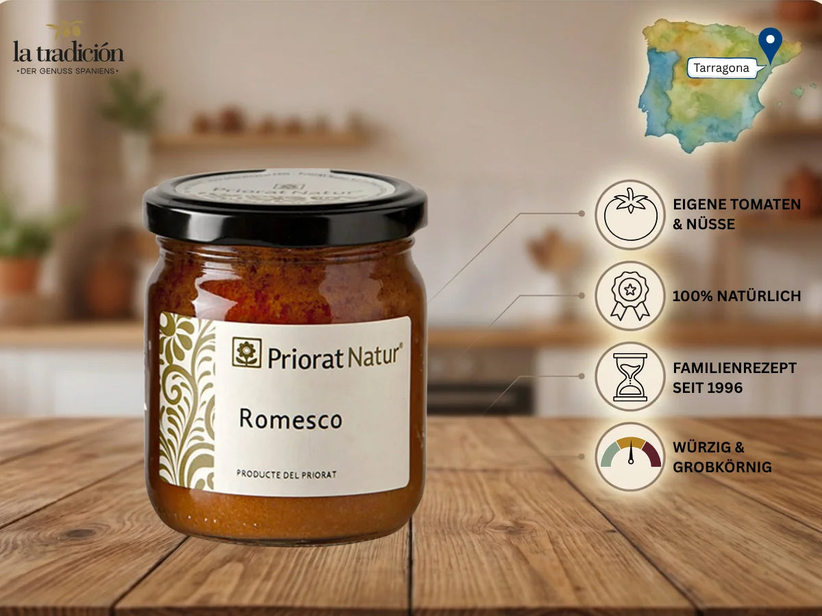  Romesco-Sauce von Priorat Natur aus Tarragona – eigene Tomaten und Nüsse, 100% natürlich, Originalrezept seit 1996, würzig-grobkörnig – La Tradición