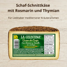 Schaf-Schnittkäse Semicurado mit Rosmarin und Thymian in der Rinde, 450 g, von La Celestina (Quesos Corcuera), für Liebhaber mediterraner Kräuteraromen – La Tradición