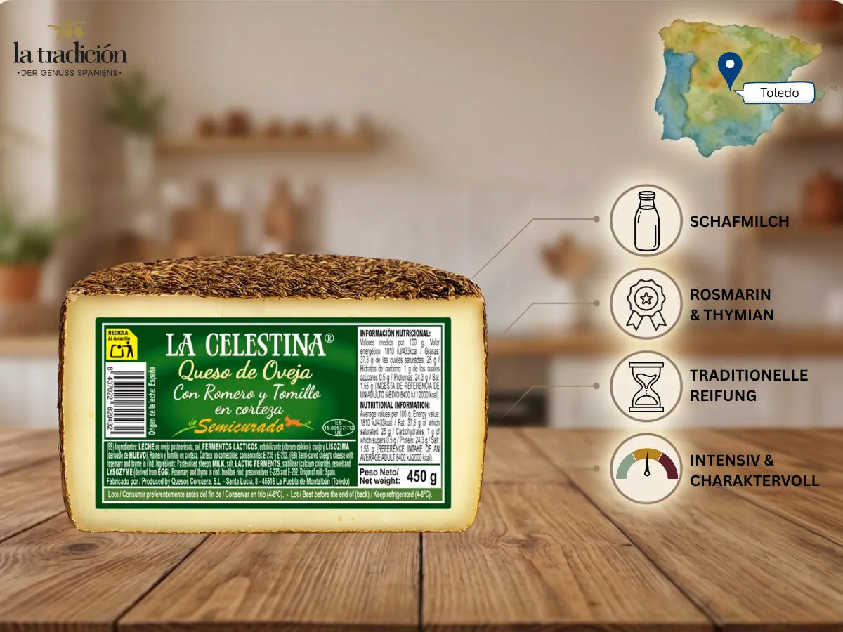 Schafskäse Semicurado mit Rosmarin und Thymian von La Celestina, 450 g: Schafmilch, Kräuterrinde, traditionelle Reifung, intensiv und charaktervoll, hergestellt in Toledo – Infografik La Tradición