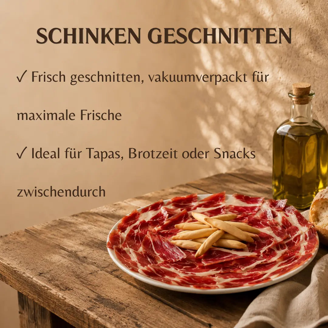 Spanischer Schinken geschnitten, vakuumverpackt, ideal für Tapas und Brotzeit, La Tradición