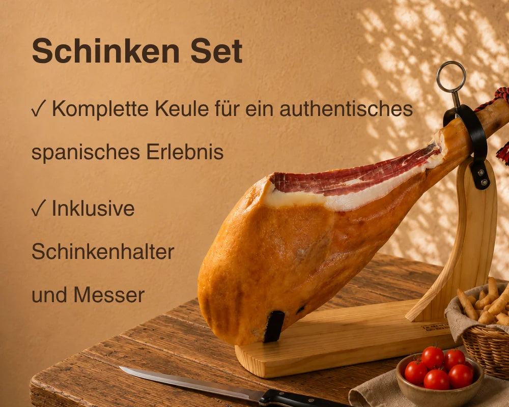 Schinken Set mit kompletter Keule, Schinkenhalter und Messer, authentisches spanisches Erlebnis, La Tradición