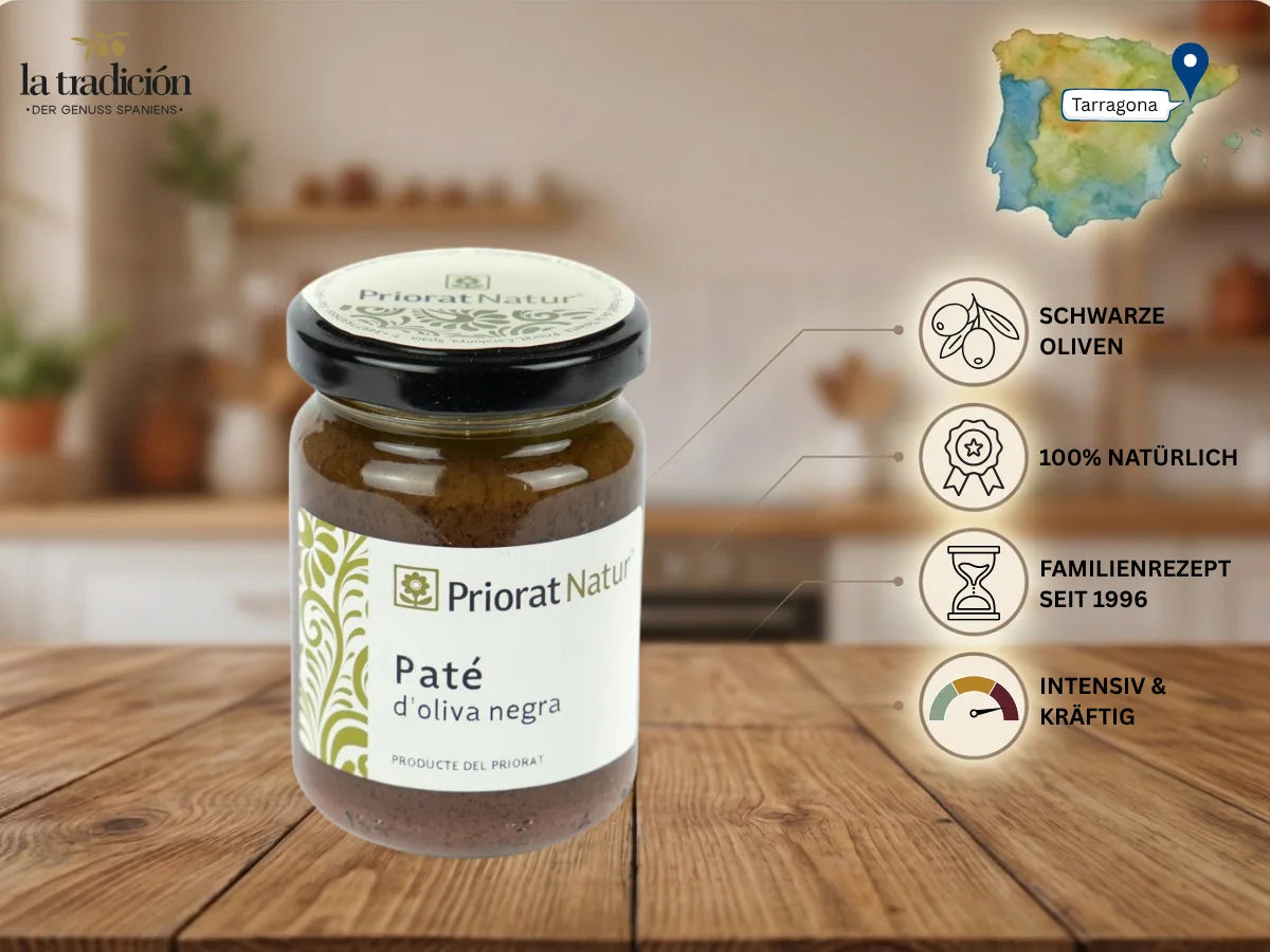 Schwarze Oliventapenade von Priorat Natur aus Tarragona – schwarze Oliven, 100% natürlich, Familienrezept seit 1996, intensiv und kräftig – La Tradición
