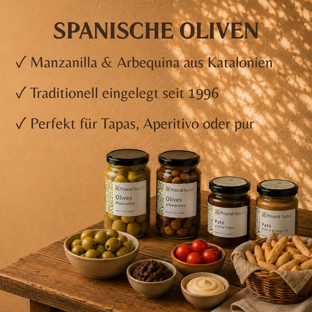 Spanische Oliven von Priorat Natur, Manzanilla und Arbequina aus Katalonien, traditionell eingelegt seit 1996 – La Tradición