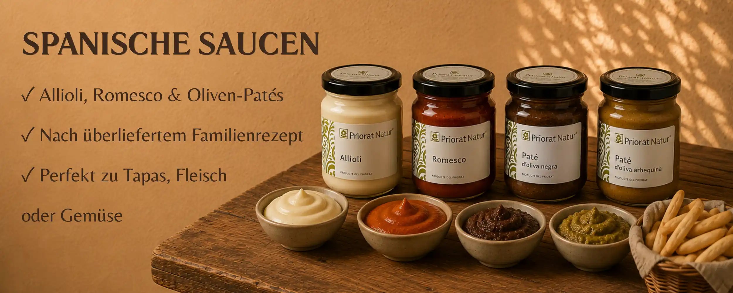 Spanische Saucen von Priorat Natur, Allioli, Romesco und Oliven-Patés nach Familienrezept – La Tradición
