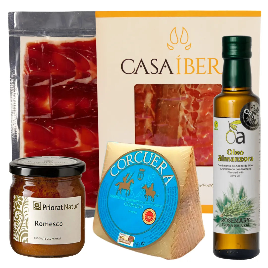 Spanisches Tasting-Set mit Jamón von Casa Íbero, Manchego Curado von Corcuera, Romesco-Sauce von Priorat Natur und Oleo Almanzora Olivenöl – La Tradición