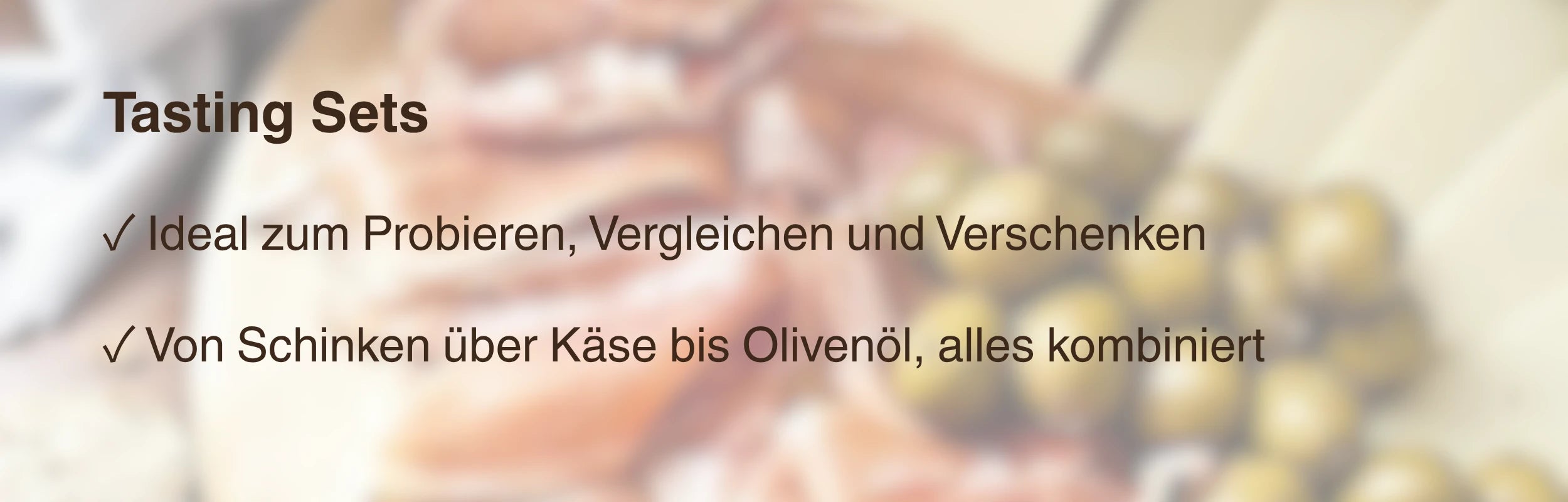 Tasting Sets Banner: Ideal zum Probieren und Verschenken, Schinken, Käse und Olivenöl kombiniert – La Tradición