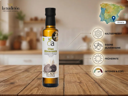 Arbequina Olivenöl mit schwarzem Trüffel – kaltgepresst, Frühernte, eigene Olivenhaine in Almería – Oleo Almanzora für La Tradición