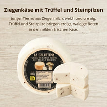 Ziegenkäse Tierno mit Trüffel und Steinpilzen von La Celestina, weich und cremig, zwei 300 g Laibe auf Holz