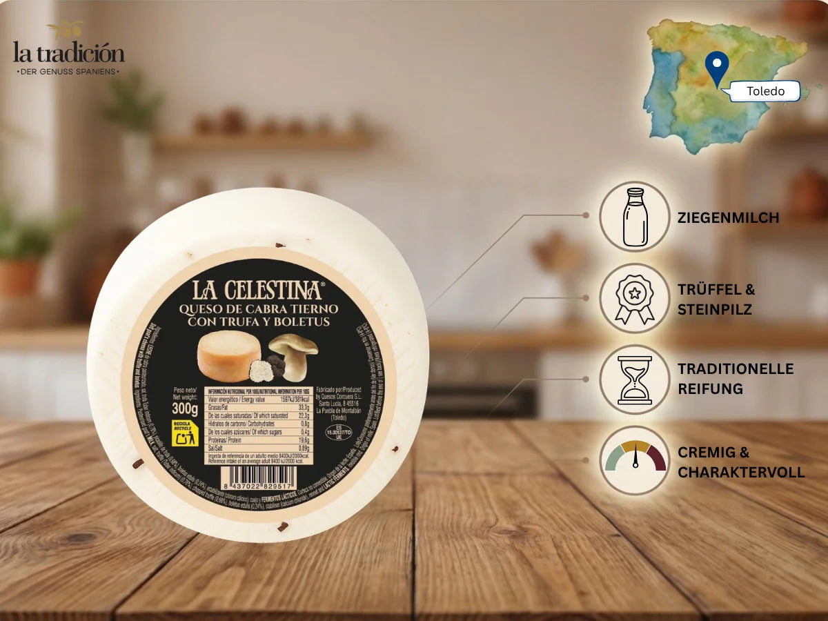 Ziegenkäse mit Trüffel und Steinpilz von La Celestina, 300 g: Ziegenmilch, Trüffel und Steinpilz, traditionelle Reifung, cremig und charaktervoll, hergestellt in Toledo – Infografik La Tradición