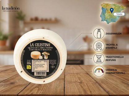 Ziegenkäse mit Trüffel und Steinpilz von La Celestina, 300 g: Ziegenmilch, Trüffel und Steinpilz, traditionelle Reifung, cremig und charaktervoll, hergestellt in Toledo – Infografik La Tradición